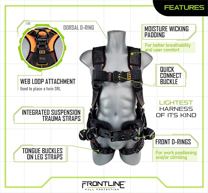 FRONTLINE FALL PROTECTION Harnesses + D-Ring+ Multiple Styles + OSHA and ANSI compliant