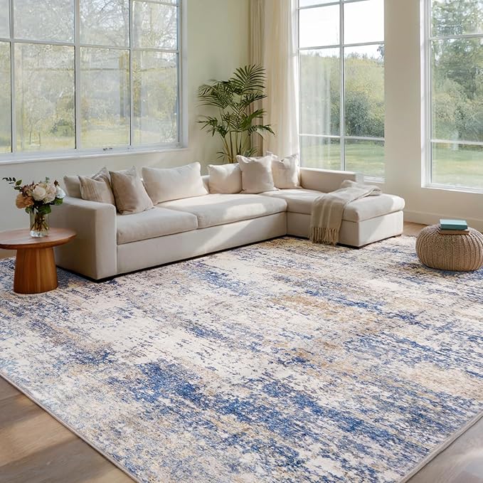 Area Rug Living Room Washable Rugs: 8x10 Modern Neutral Abstract Low Pile Non Slip Floor Carpet - Large Soft Thin Stain Resistant Rug for Bedroom Dining Indoor Office Home, Blue Brown