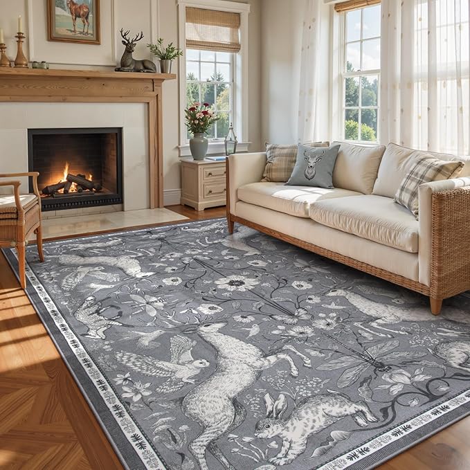 Lahome Boho Animal Washable Rugs for Living Room 8x10, Grey Soft Rugs for Bedroom, Botanical Large Boho Non Slip Dining Room Carpet for Under Table Office Kids Playroom (8x10ft,Grey)