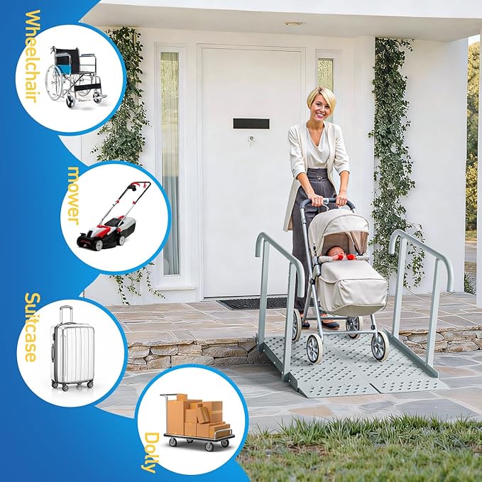 Portable Wheelchair Ramp with Handrails, 1-7" Aluminum Handicap Ramp for Home Steps, Stairs, Porches, Heavy Duty Folding Threshold Ramp with Non-Slip Surface & Safety Rails, Supports up to 770 lbs