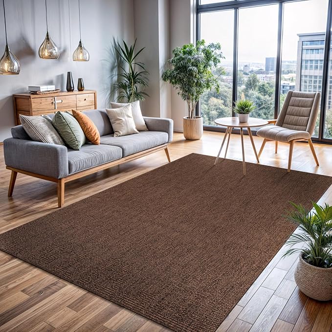 CAMILSON Easy Jute Rug 8x10, Indoor Outdoor Brown Color Fiber Area Rugs for Living Room Patio and Kitchen Rug, Solid Boho Woven Design, Easy-Cleaning, Washable Outside Carpet Alfombras (8 x 10)
