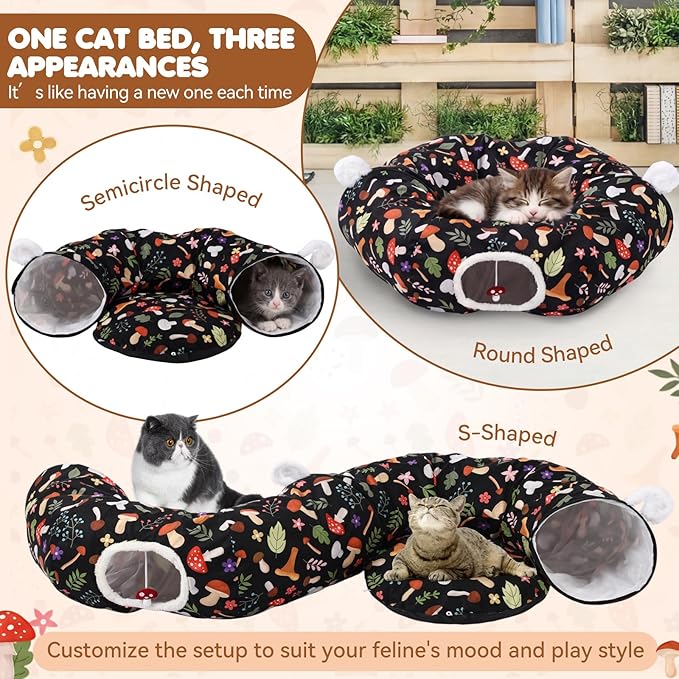 Aliceset Mushroom Spring Cat Tunnel Bed for Indoor Cats 3ft x 3ft x 10in Foldable Cat Donut Tunnel with Washable Cushion Mushroom Pet Peekaboo Cave Toy for Small Kitten Kitty