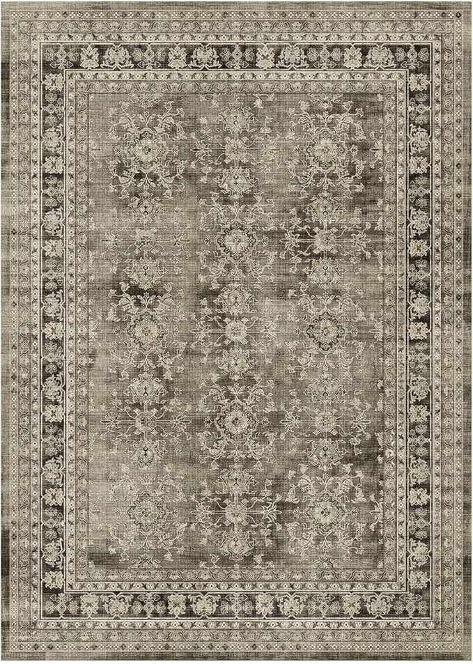 Lessymo 6x9 Area Rugs for Living Room, Machine Washable Non Slip Rug, Soft Low Pile Carpet for Bedroom Dining Home Office, Vintage Brown Distressed Floral Floor Mat