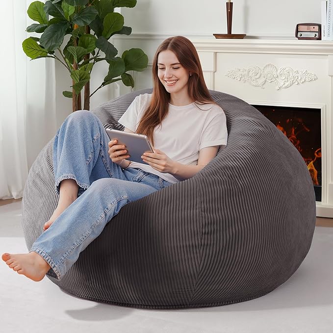 Homguava 5FT Bean Bag Chair for Adults,Teardrop Giant Bean Bags Big Beanbag Chair with Memory Foam Filled and Ultra Soft Removable Corduroy Cover for Living Room, Bedroom (Grey)