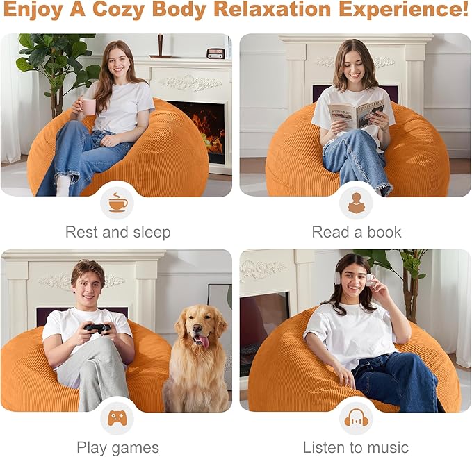 Homguava 4FT Bean Bag Chair for Adults,Teardrop Bean Bags Big Beanbag Chair with Memory Foam Filled and Ultra Soft Removable Corduroy Cover for Living Room, Bedroom(Orange)
