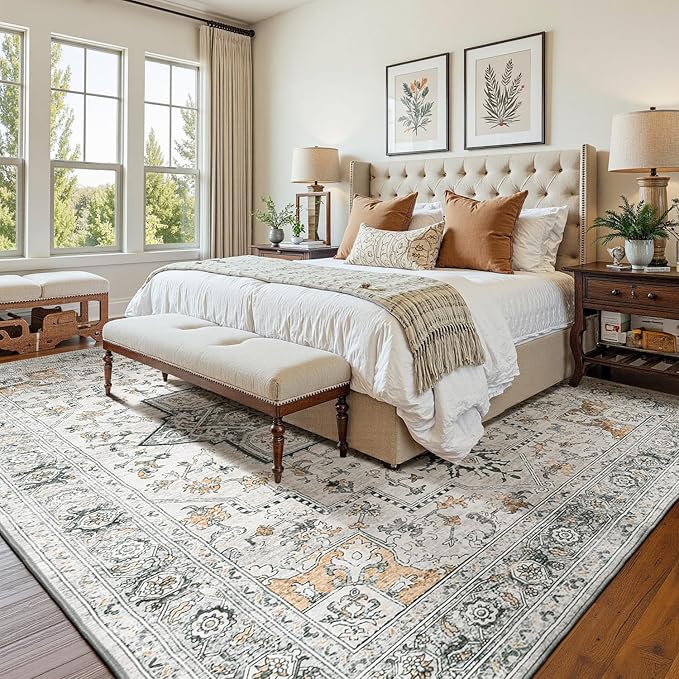 Lessymo 9×12 Area Rugs Washable for Living Room, Large Soft Indoor Rug Non-Slip for Bedroom Kitchen Dining Room Dorm Nursery, Vintage Boho Carpet Stain Resistant for Office Home Decor, Grey/Brown