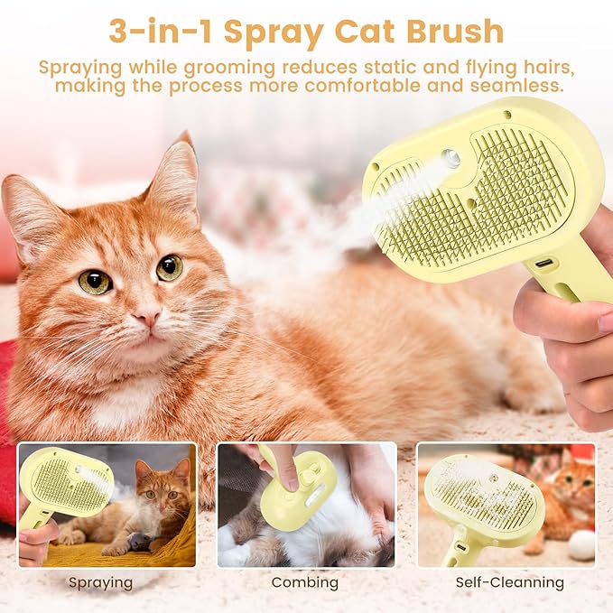 3 in 1 Cat Steam Brush, Pet Spray Hair Removal Comb for Shedding & Grooming, Water Brush for Cats Dogs Small Animals Long Short Haired with One-Click Release Button(Yellow)