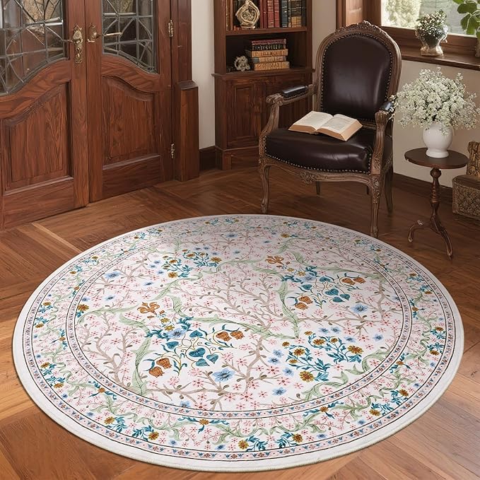 GarveeHome Pink Floral 4 ft Round Rug Washable Non-Slip Soft Low Pile Small Circle Carpet Vintage Rugs for Kitchen Bedroom Nursery Dining Living Room