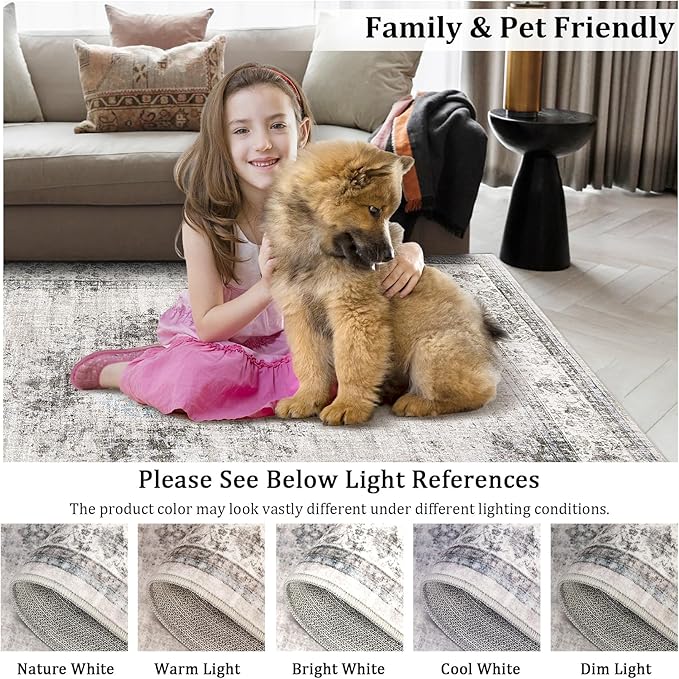 GarveeHome Area Rug 9x12 Washable for Living Room Oriental Non-Slip Stain Resistant Large Carpet Vintage Bedroom Soft Floor Cover Low Pile Distressed Throw for Home Decor Office, Beige