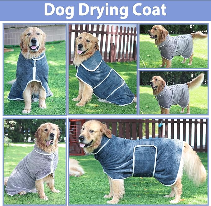 Dog Bathrobe Towel Drying Coat - Super Absorbent Bath Robe for Drying Dogs Large, Soft Adjustable Collar & Belly Strap Fast Drying Coat Pet Dog Cat Bath Robe Towel (Blue, XX-Large)