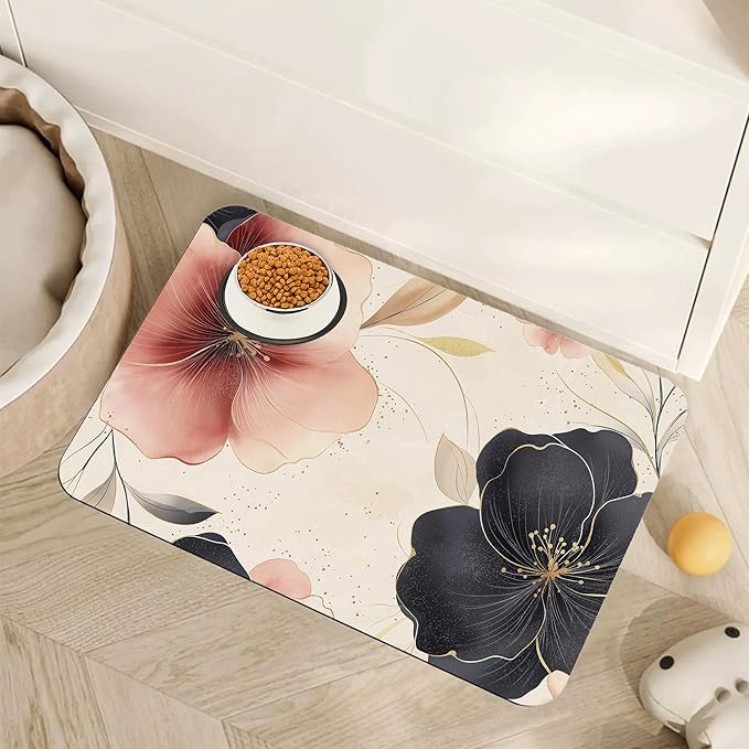 Pink Floral Pet Feeding Mat,Boho Flower Absorbent Quick-Dry Cat Dog Food and Water Bowl Mats,Non-Slip Rubber Backing Mat,Cat Dog Accessories Supplies 12"x20"