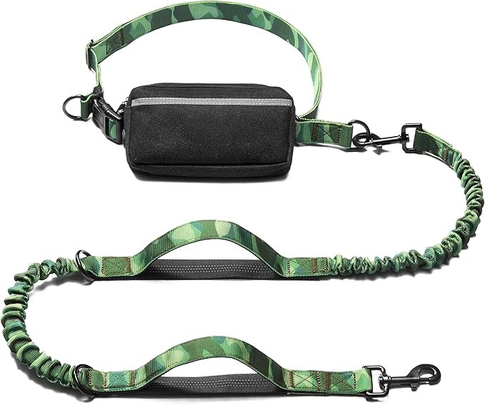 iYoShop Hands Free Dog Leash with Zipper Pouch, Dual Padded Handles and Durable Bungee for Walking, Jogging and Running Your Dog (camo Green, Large)