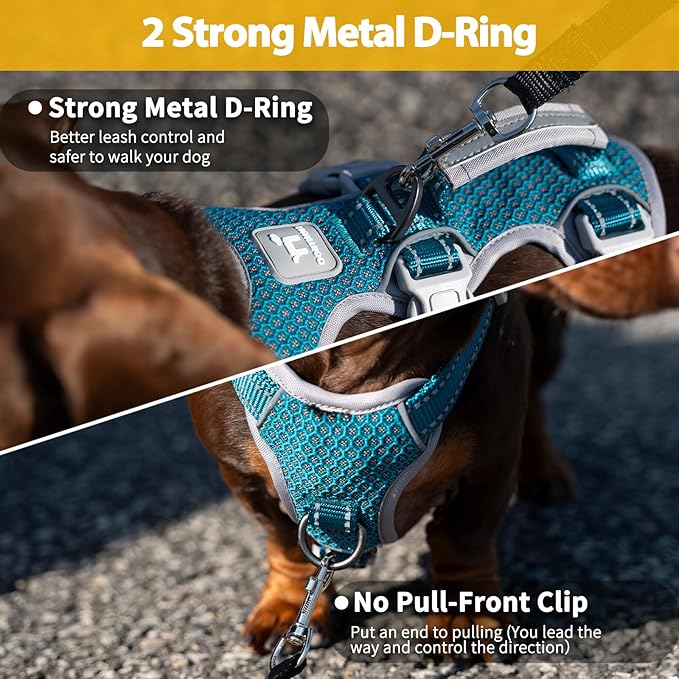 Huntboo No Escape Dog Harness, Escape Proof Harness, Fully Reflective Harness with Padded Handle, Breathable, Durable, Adjustable Vest for Medium Dogs Walking, Training, and Running Gear (Teal,M)