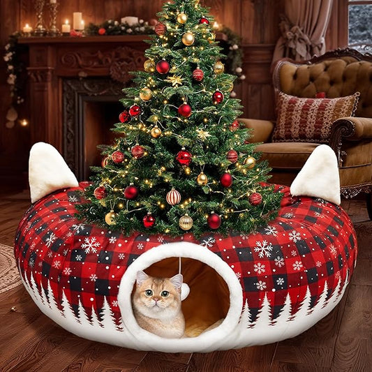 Cat Tunnel Christmas Tree Skirt, 3ft x 3ft x 9.8in Cat Tunnels for Indoor Cats, Buffalo Plaid Peekaboo Cat Tunnel Bed with Hanging Ball, Kitten Toys for Indoor Kittens Puppy Rabbit Ferret