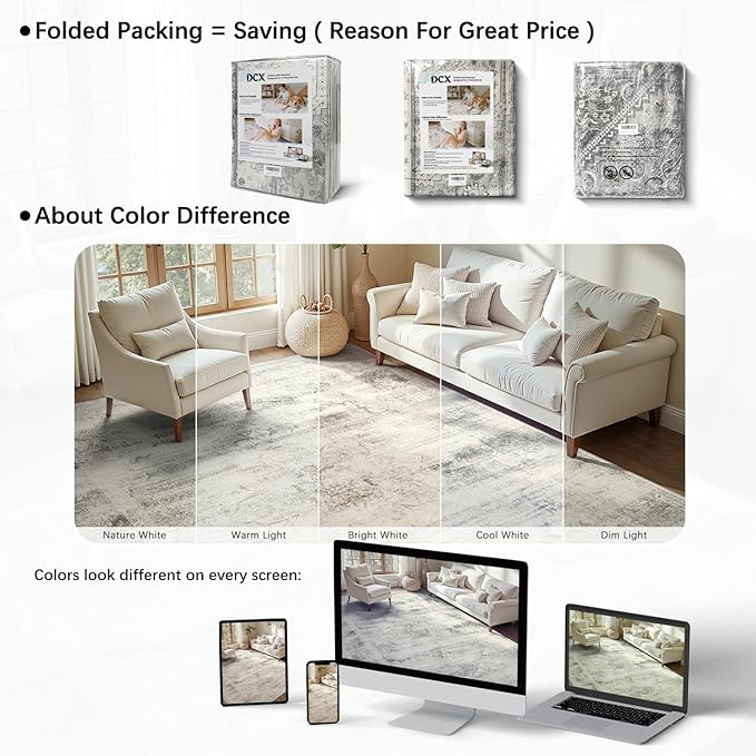 DCX 6x9 Beige Rug, Machine Washable Stain Resistant Distressed Vintage Rug, Kid & Pet Friendly with Rubber Back Non Slip Soft Low Pile Large Carpet for Living Room, Bedroom, Home Office