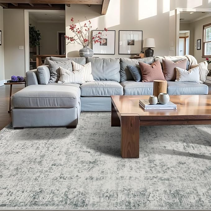 Area Rugs for Living Room Bedroom, Washable Rug, Grey Vintage Abstract Boho Rug, Non Slip & Low Pile Wool Carpet for Indoor Dining Room, Farmhouse, Kids Room and Office(Grey 4x6ft)