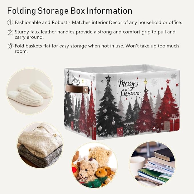 Christmas Tree Storage Basket with Waterproof Liner and PU Handles Xmas Winter Gray Black Red Snowflake Storage Bins Boxes 14.2" Collapsible Decorative Baskets for Bedroom Closet Office 1 Pack