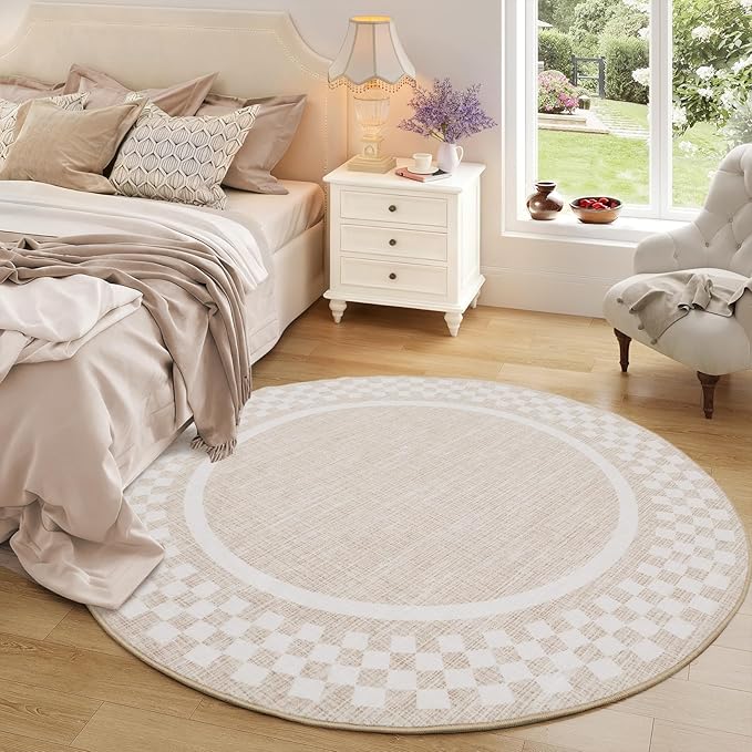 4ft Washable Round Rug for Entryway Modern Checkered Bedroom Circle Rug Non Slip Soft Dining Room Round Throw Carpet Small Stain Resistant Border Round Rugs for Living Room Kitchen Bathroom, Beige