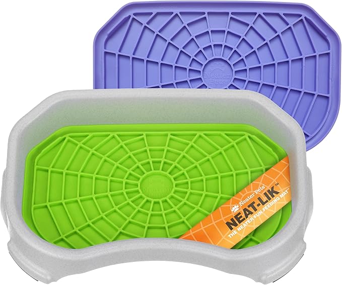 Neater Pets - Neat-LIK with Protective Tray - Slow Feed Pad for Dogs & Cats - Provides Boredom & Anxiety Relief (2 Pack w/Vanilla Bean Tray, Green & Purple)