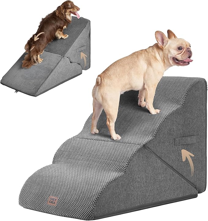 EHEYCIGA Curved Foldable Dog Stairs Ramp for High Beds 19.7" H, 4-Step Dog Steps for Small Dogs and Cats, Pet Stairs for High Bed Climbing, Non-Slip Balanced Pet Step Indoor, Grey