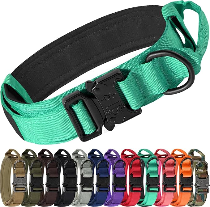 Joytale Tactical Dog Collar with Handle, Adjustable Heavy Duty Military Collar with 2 Patches for Training, Suitable for Large Dogs, Teal, L