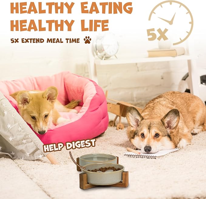 Ceramic Slow Feeder Dog Bowl Set with Stand, Cute Paw Slow Feeding Food Bowl and Water Bowl for Small Breed, 5.2" Ceramic Non Slip Dog Dishes, Grey