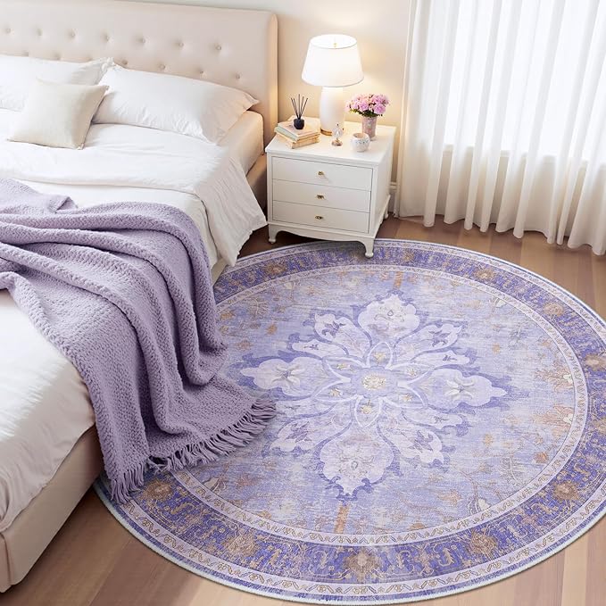 Area Rugs 8ft Washable Non-Slip, Floral Vintage Distress Print Pattern Medallion Carpet for Living Room Bedroom Dining Room, Light Purple Brown
