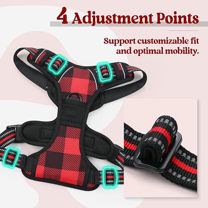 rabbitgoo Dog Harness No Pull with 2 Leash Clips, Adjustable Soft Padded, Reflective Oxford No Choke Pet Vest with Easy Control Handle for Large Dogs, Red Plaid, L