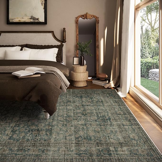 Washable Living Room Area Rug: 6x9 Area Rugs for Bedroom Vintage Stain Resistant Non Slip Low Pile Lightweight Boho Carpet for Kitchen Dining Room Farmhouse Kids Room Nursery