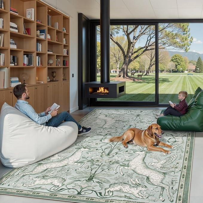 Lahome Boho Animal 5x7 Washable Living Room Area Rugs, Green Soft Rugs for Bedroom, Botanical Large Boho Non Slip Dining Room Carpet for Under Table Entryway Kitchen Office (5x7ft,Light Green)