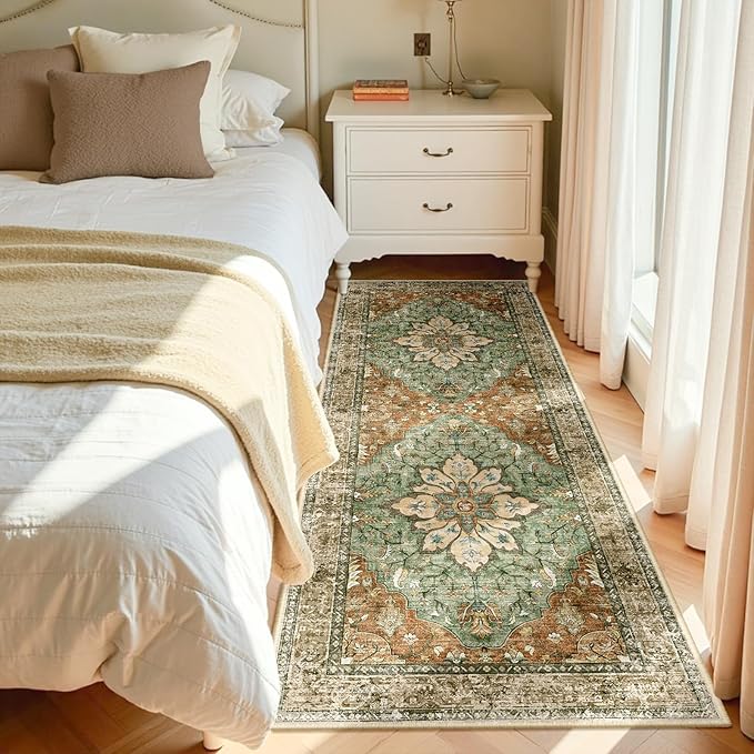 Area Rugs 3'x8' Runner Rug Non Slip Washable for Kitchen Hallway Bedroom Beside Laundry Room Bathroom Rug, Floor Carpet, Brick Red Rust Neutral Brown Burnt Orange Green