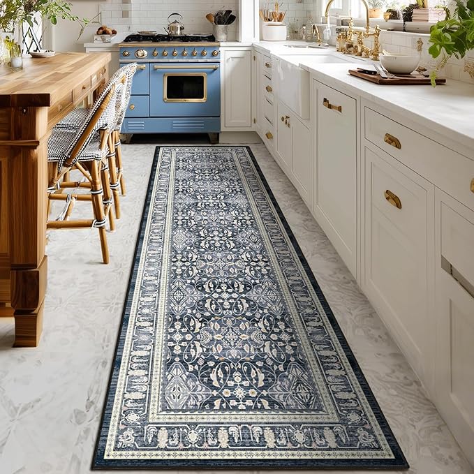 Blue 2'6''x8' Kitchen Runner Rug, Transitional Runners for Hallways Non Slip Washable, Low Pile Thin Entryway Runner Rug Indoor Foyer Mudroom Bathroom Bedroom, Floral Trellis Printed