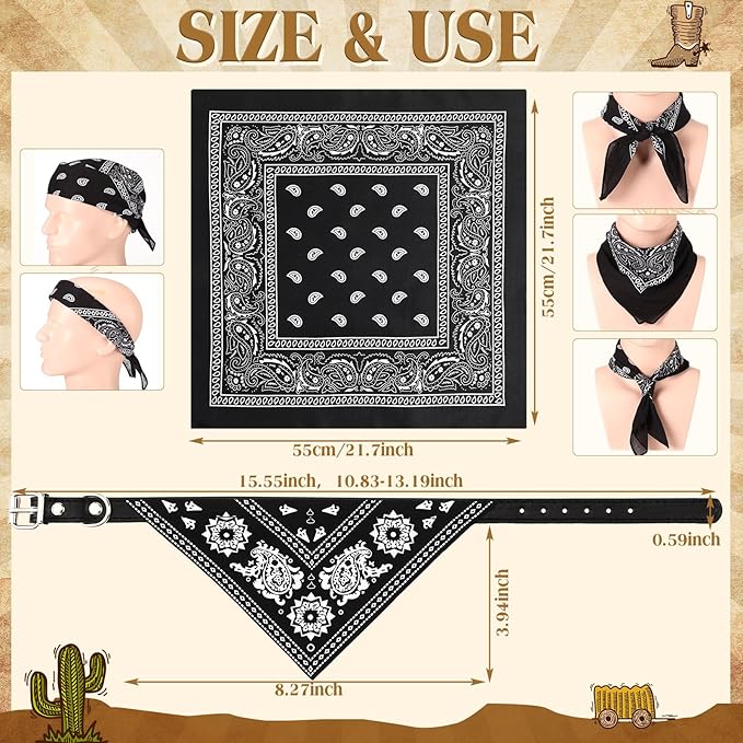 Cat Dog Bandana Collar & Owner Matching Paisley Pattern Bandana Women Headband Square Scarf Headwear Puppy Scarf for Small Dog Adjustable Cat Collar Triangle Neckerchief Handkerchief(Black)