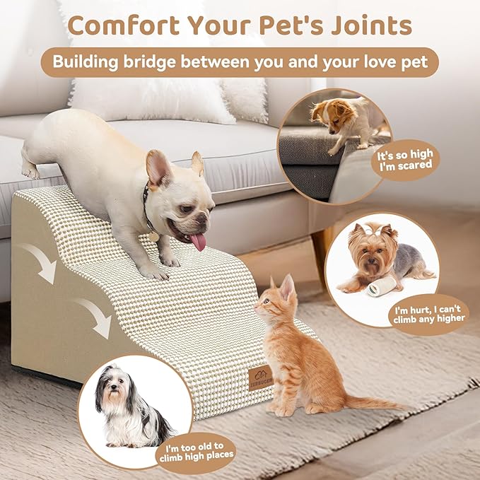 Dog Ramp and Stair for Bed 16" H-20 H,3-Step Cat Stair for Sofa and Chair,4-Step Dog Ramp for High Bed and Window,Durable Nonslip Fabric Cover for Indoor (Beige-16 H, Pet Friendly, 3)