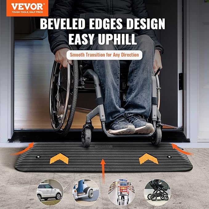 VEVOR Rubber Threshold Ramp, 1" Rise Wheelchair Ramp Doorway, Natural Curb Ramp 3.7 Feet Long, 33069Lbs Load Capacity, Non-Slip Textured Surface Rubber Curb Ramp for Wheelchair and Scooter