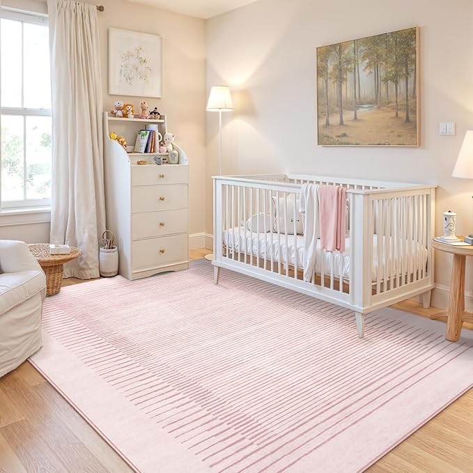 Wonnitar Washable Striped Runners for Hallways 2'6"x8', Non-Slip Soft Pink Runner Rug for Bedroom, Low Pile Minimalist 8ft Runner for Bathroom Laundry Kitchen (Pink, 2'6" x 8')
