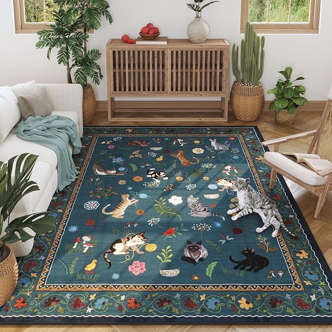 Rugcomf Area Rugs 8x10 Rug for Living Room Clearance Washable Boho Area Rug Non Slip Floral Animal Cat Vintage Low Pile Large Rug for Bedroom Farmhouse Dining Room Kids Playroom, Pearl Gentian Blue