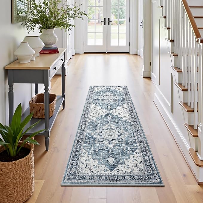Lessymo Washable 2x6 Hallway Runner Rug for Entryway Bedroom, Soft Kitchen Area Rugs Non Slip for Bathroom Living Room Laundry Room, Long Vintage Boho Floor Carpet Stain Resistant Low Pile, Blue White