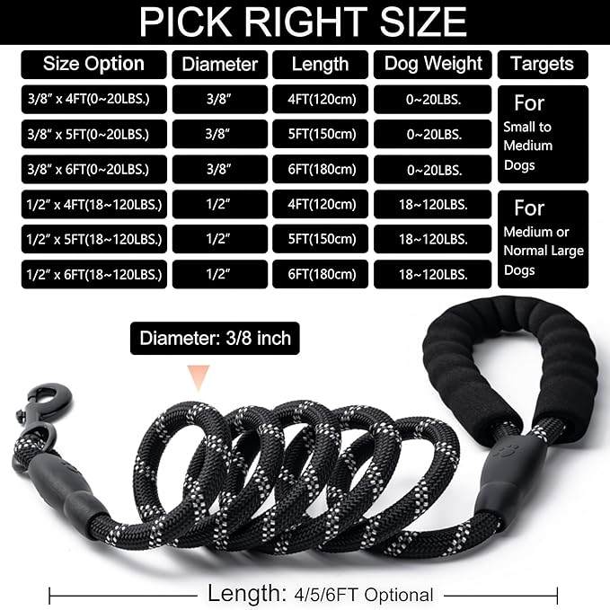 2 Pack Dog Leash, 4/5//6 FT Heavy Duty Nylon Rope Pet Leashes with Comfortable Padded Handle, Reflective Dog Leashes for Small Medium and Large Dogs (6FT-3/8,Black/Green)