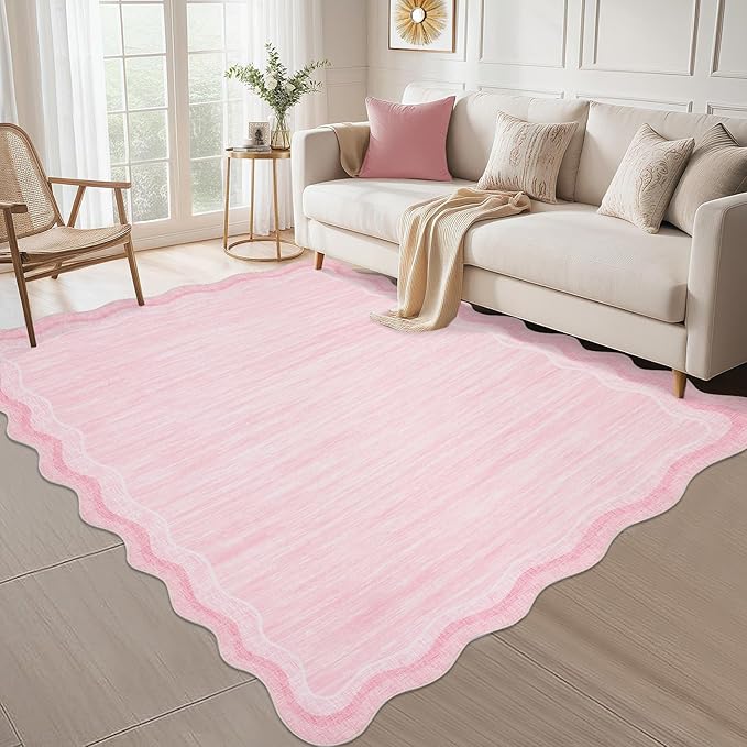 GarveeHome Washable Area Rug 9x12 Scalloped Rugs for Living Room 9x12 Large Scalloped Carpet, Non-Shedding Contemporary Easy Cleaning Mats, Solid Modern Pink Rug for Bedroom Dining Room Playroom