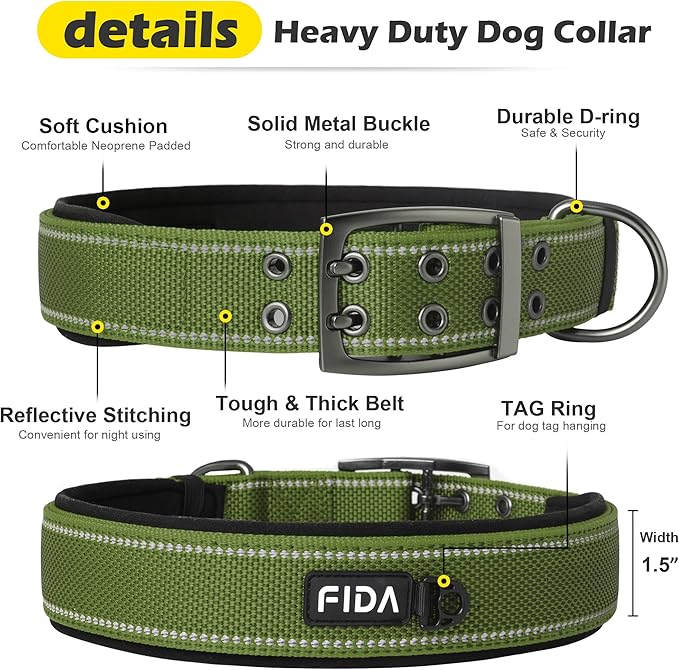 Fida Heavy DutyDog Collar for Large Dogs, Ultra Comfortable Soft Neoprene Padded, Adjustable Reflective Nylon Pet Collar with Durable Metal Belt Buckle for Extra Large Breeds(XL, Green)