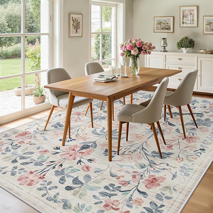 Area Rugs 9x12 Living Room: Lagre Boho Living Room Rug Soft Non-Slip Thin Carpet Indoor Floor Non-Shedding Neutral Floral Carpets for Bedroom Dining Room Farmhouse Nursery Multi