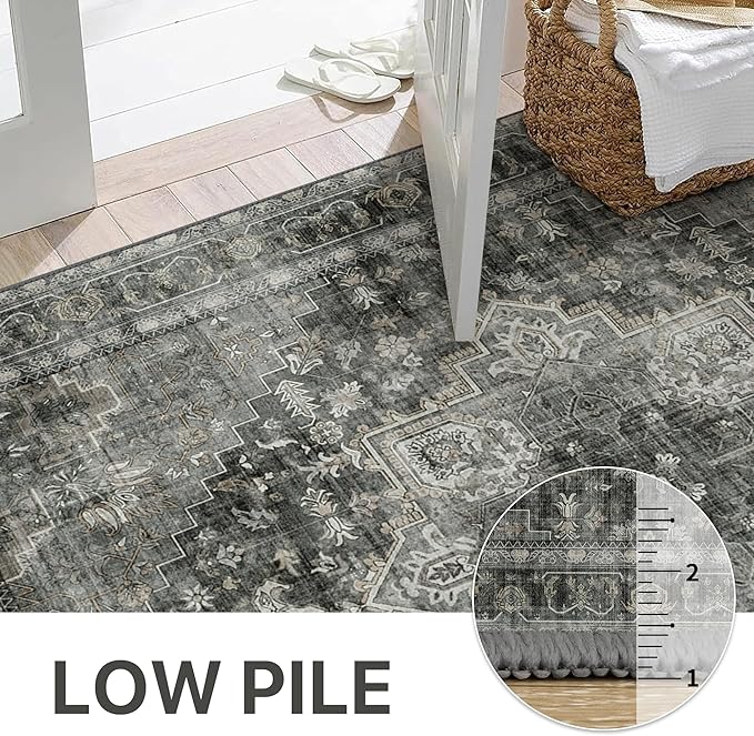 GENIMO 2x5 Runner Rugs for Hallway, Machine Washable Non Slip Vintage Rugs, Low Pile Lightweight Soft Print Rug for enrtyway, Corridor, Home Office, Kitchen, Charcoal Gray