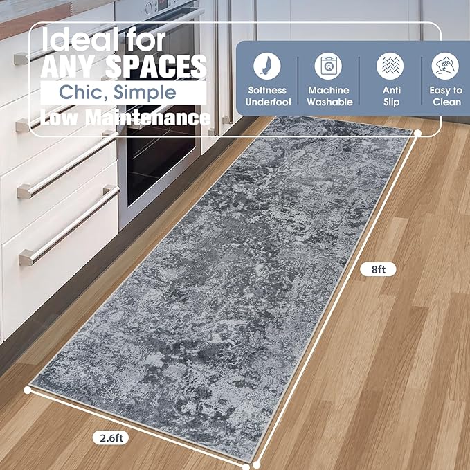 Runner Rug for Hallways Kitchen 2'6"x8' Washable Non Slip: Carpet Non Skid 8ft Entryway Rubber Backed 8 Feet Neutral Abstract Modern Rug Low Pile Pet Friendly Indoor Black