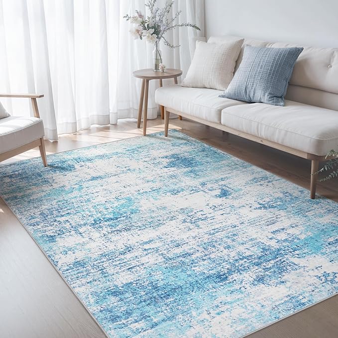 Area Rug Living Room Washable Rugs: 6x9 Modern Neutral Abstract Low Pile Non Slip Floor Carpet - Large Soft Thin Stain Resistant Rug for Bedroom Dining Indoor Office Home, Blue