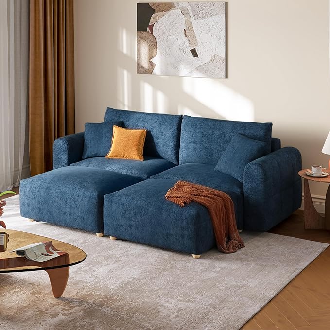 LINSY HOME Cloud Couch Sectional, Modular Sofa Sectionals for Living Room Bedroom, 91" U Shape Love Seat Couch with Ottoman, 2 Seater Deep Seat Cozy Couch Luxury Chenille Sofas, Blue
