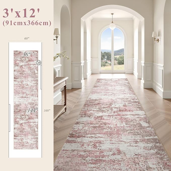 Area Rugs for Living Room: 3x12 Abstract Washable Rug Modern Neutral Large Soft Stain Resistant Non-Slip Backing Machine Table for Bedroom Dining Room Indoor Home Office Carpet - Pink