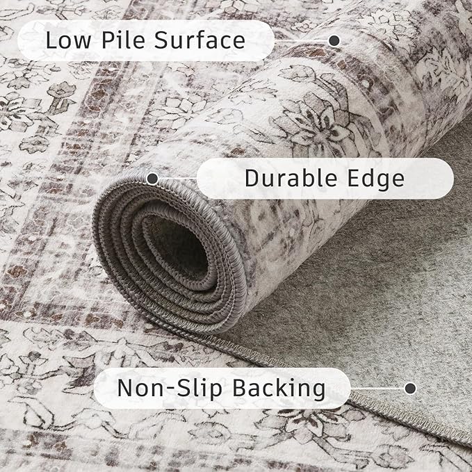 DCX Gray 4x6 Rug, Kid & Pet Friendly with Rubber Back Non Slip, Machine Washable Stain Resistant Vintage Traditional Distressed Carpet, Rug for Living Room, Bedroom, Home Decor