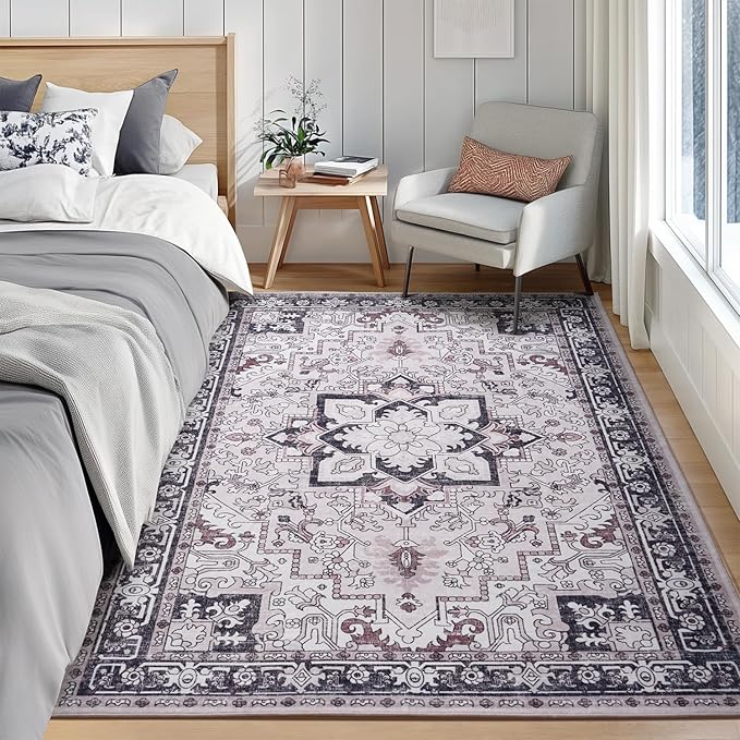 Lofus 3x5 Area Rugs for Living Room, Machine Washable Area Rug, Soft Small Rugs for Bedroom, Kitchen, Office and Indoor, Vintage Boho Carpet, Non-Slip Low Pile Carpets, Black and Pink