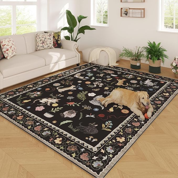 Rugcomf Area Rugs 8x10 Rug for Living Room Clearance Washable Boho Area Rug Non Slip Floral Animal Cat Vintage Low Pile Large Rug for Living Room Bedroom Farmhouse Dining Room Kids Playroom, Black